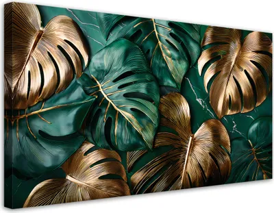Produktbild von Leinwandbild Gold Grüne Monstera-Blätter 80x40 Feeby Grün bild für die wand bereit zum aufhängen