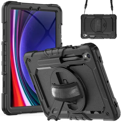 Produktbild von Mobigear SureGrip Xtreme Tablet-Hülle für Samsung Galaxy Tab S9: Kunststoff, Silikon, Rückseite mit Stifthalter, Schultergurt und Ständer - Schwarz