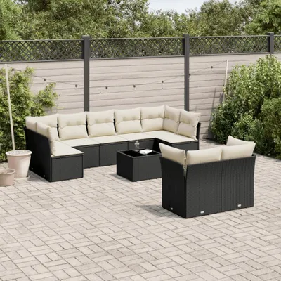 Produktbild von Design 10-tlg. Garten-Sofagarnitur mit Kissen Schwarz Poly Rattan, Gartenmöbel-Sets 2024 Neu