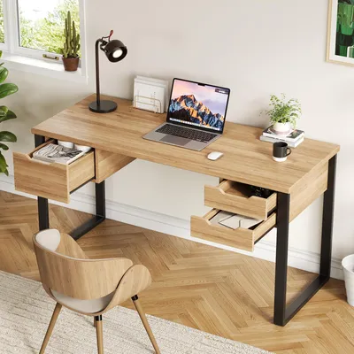 Produktbild von okwish Schreibtisch mit drei Schubladen,Metalltischbeine, Computertisch robuste Schubladenschienen, Minimalistischer Stil,Natur