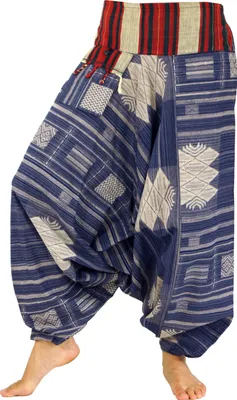 Produktbild von Haremshose mit Breitem Gewebtem Bund, Fransentasche, Ikat Thai Pluderhose - Blau, Damen, Baumwolle, Hosen