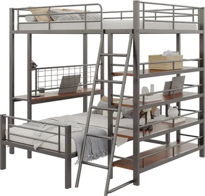 Produktbild von Etagenbett Metallrahmen 140x200cm Ohne Matratze Multifunktionsbett Mit Mehreren Ablagefaechern Schwarz