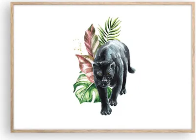 Produktbild von Gerahmtes Poster - Rahmen in heller Eiche - Schwarz Panther Blätter - 100x70 cm - Wand Bild - Wanddeko - Wandbilder - Kunstposter - Wandposter - Bilderrahmen - Bilder - Kunstdruck - P2NAA100x70-4813