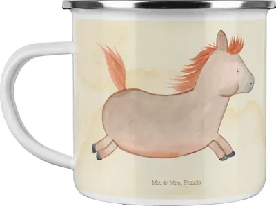 Produktbild von Mr. & Mrs. Panda Emaille Becher Pferd Springen - Vintage - Geschenk, Tasse, Stall, Haferl, Teetasse, Pferdestall, Bauernhof, Pferde, Reiten, Pony, Pott, Emailletasse