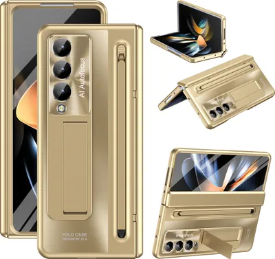 Produktbild von Handyhülle für Samsung Galaxy Z Fold 4 5G mit S Pen und Stiftablage, Displayschutzfolie, Scharnierschutz, Stoßfest Ständer Schutzhülle Gold