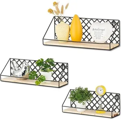 Produktbild von Famanu Wandregal Set 3 Stück - Rustikale Holzregale mit Metallhalterung
