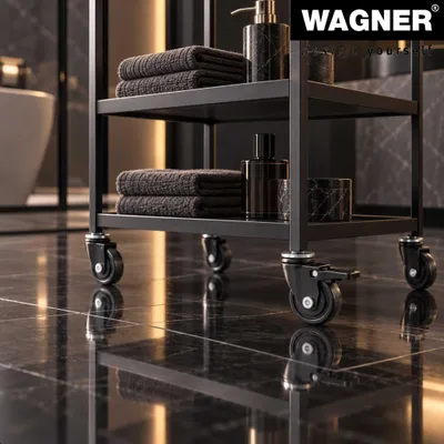 Imagen del producto de WAGNER, rodillo giratorio de diseño de 360° y 3 vías, color negro, superficie de rodadura suave, con tornillo roscado de 10 x 16 mm, diámetro de 50 mm, altura total de 75 mm