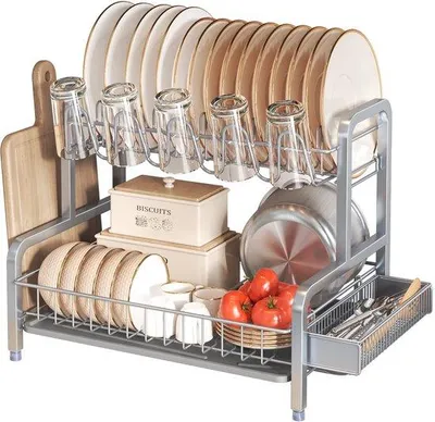 Image de Support d'égouttage Unyqoos® en acier inoxydable – 2 niveaux, rotation à 360°, avec bac de récupération ; capacité pour 15 assiettes et 5 tasses, dimensions 45,2 x 32 x 36,3 cm