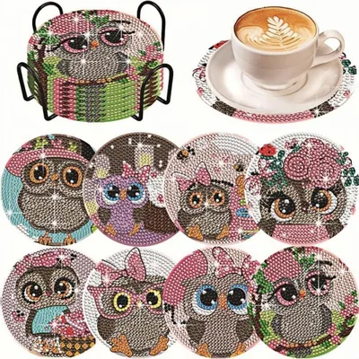 Produktbild von Diamond Painting Untersetzer - Set von 8 Süßen Eulen Untersetzern für Gläser