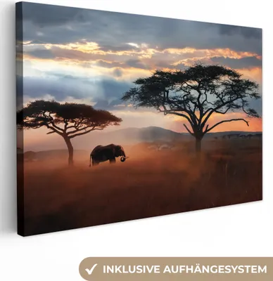 Produktbild von MuchoWow® - Leinwandbilder - Elefant - Baum - Berg - Afrika, Wandbild, Wanddeko Bilder Wohnzimmer, 120x80 cm