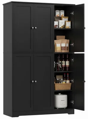 Zdjęcie produktu dla Wielofunkcyjna szafa o wysokości 180 cm, z 6 drzwiami, regulowanymi półkami, kolor czarny, wymiary: 180x106x37 cm