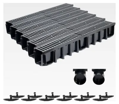 Produktbild von 6m Entwässerungsrinne mit einer Tiefe von 148mm, Belastungsklasse C250, komplettes Set mit Gussrost (schwarz)