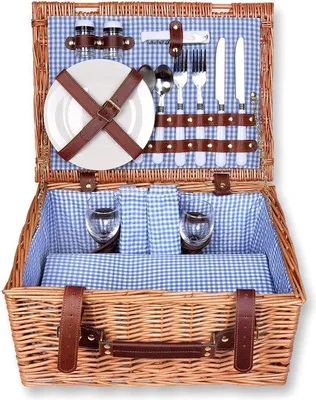 Image de Panier à pique-nique en chêne, 40 x 30 x 20 cm, rectangulaire, pour 2 personnes - bleu quadrillé