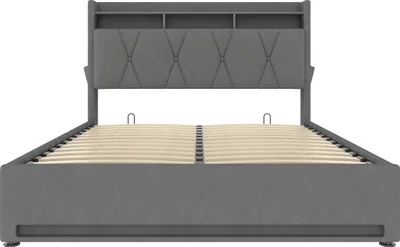 Produktbild von okwish Polsterbett 160 x 200 Doppelbett mit LED-Beleuchtung& USB, Jugendbett mit  Stauraum-Kopfteil und Unterbettaufbewahrung,ohne Matratze,Grau