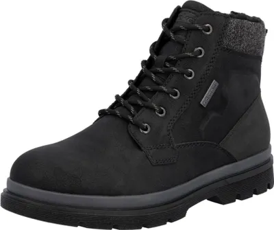 A black lace-up boot on a white background.
