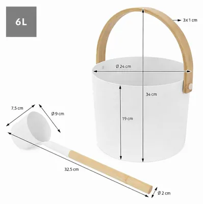 Produktbild von 2-teilig Saunazubehör-Set aus Aluminium & Bambus, Weiß, 6L Aufgusskübel mit klappbarem Griff & Schöpfkelle LuxeBath