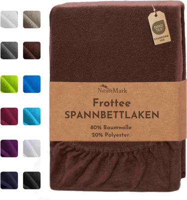 A folded brown fitted sheet with a product label and color swatches.