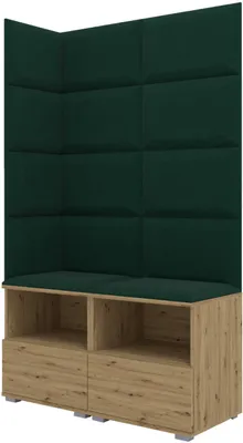 Produktbild von Garderoben-Set Nela V, Polstergarderobe mit zwei Schuhschränke, Flurmöbel mit Wandpaneele (Farbe: Artisan Eiche + Trinity 28 (Flaschengrün))