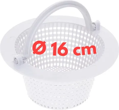 A white plastic skimmer basket with a handle, shown against a white background. Red text indicates the diameter.