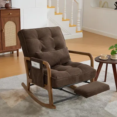 Produktbild von okwish Schaukelstuhl mit Fußstütze und Seitentaschen, Polstersessel mit verstellbarer Rückenlehne, Cord, Relaxstuhl,Für Wohnzimmer,Braun