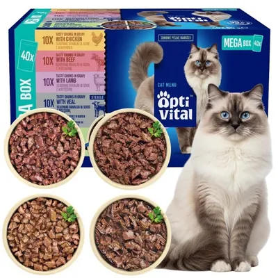 Zdjęcie produktu dla MEGA BOX karmy dla kotów z kurczakiem, wołowiną, jagnięciną i cielęciną OptiVital 40x85 g