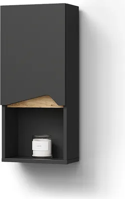 A modern, wall-mounted bathroom cabinet with a door and an open shelf, displayed against a white background.