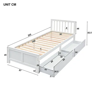 Immagine prodotto di Letto classico Abrihome 90x200cm singolo con rete a doghe e 2 cassetti, letto per ragazzi in legno di pino, bianco