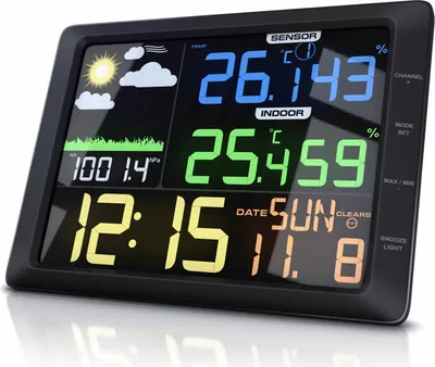 A digital weather station displaying various weather information and the time.