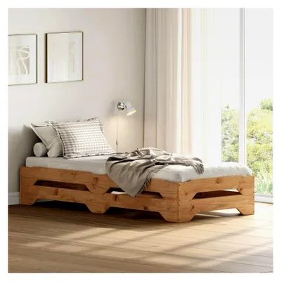 Produktbild von Stapelbett 2er Set Gästebett Ronny Einzelbett Stapelliege Kiefer massiv Eichefarben 90x200 cm Kinderbett Jugendbett