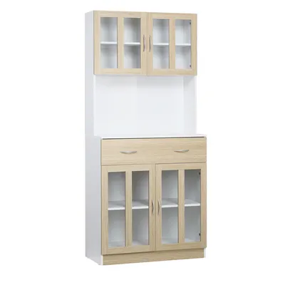 Produktbild von HOMCOM Küchenschrank Hochschrank Küchenbuffet mit Glastüren Geschirrschrank Esszimmerschrank mit 2 Schubladen und 2 Schränken Weiß+Natur 80 x 40 x 180 cm