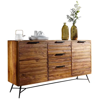 Produktbild von Design Sideboard NISHAN 160 x 40 x 88 cm Sheesham Massiv Holz | Kommode mit Türen & Schubladen | Massive Anrichte Industrial | Massivholz Schrank mit Metallbeinen