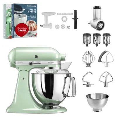 Produktbild von KitchenAid 4,8 L 5KSM175 Artisan Küchenmaschine Set 3 Gemüseschneider+Fleischwolf+Spritzge Pistazie