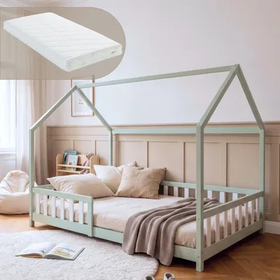 Immagine prodotto di Letto a soppalco "Hesel" per bambini, completo di materasso e protezioni laterali, dimensioni 120 x 200 cm, realizzato in legno di pino, colore verde menta/bianco