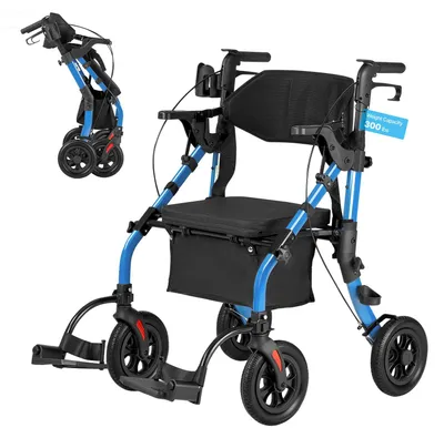 Immagine prodotto di Deambulatore per anziani con sedile - Passeggino pieghevole - Leggero e con altezza regolabile - Schienale e tasca - Supporto per bastone - Freno bloccabile - Portata massima 136 kg - Blu