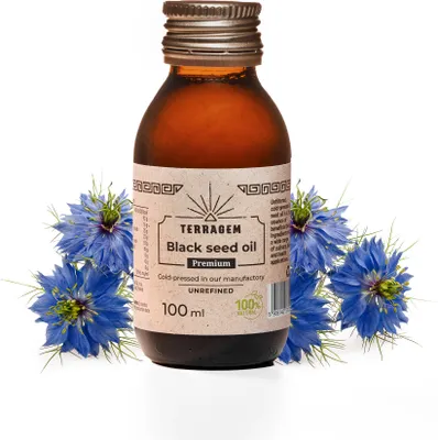 Produktbild von TERRAGEM Premium - Schwarzkümmelöl, Nigella Sativa, Kaltgepresst & Ungefiltert, Nahrungsergänzung, Gesundheitsförderung, Glasflasche 100ml