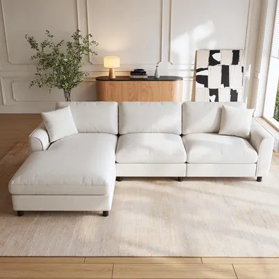 Obrázek produktu pro Rohová sedačka o rozměrech 256x137x79 cm, barva béžová, potah z mikrovlákna (chenille), rohová sedačka s nastavitelnou plochou na ležení, odnímatelné sedací polštáře, ideální do obývacího pokoje