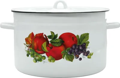 A white enamel cooking pot with a fruit motif, shown against a white background.