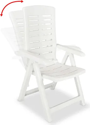 A white plastic garden chair shown from a three-quarter angle, with a red arrow indicating the adjustable backrest.