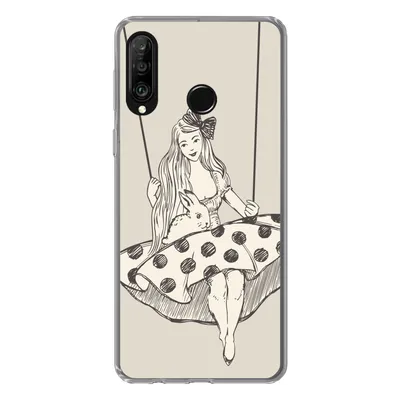 Produktbild von MuchoWow® Handyhülle Schutzhülle Hülle für Huawei P30 Lite Mädchen in gepunktetem Kleid mit Kaninchen Silikon Softcase Handy Hülle - Handyhülle