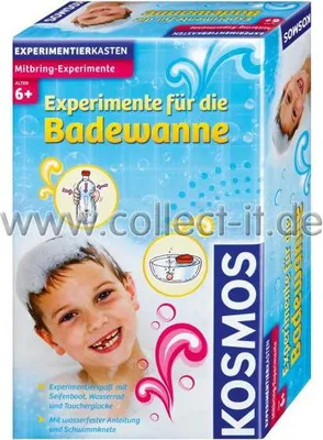 A product box for a children's science experiment kit, featuring a happy child in a bathtub.