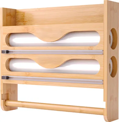Produktbild von Relaxdays Wandrollenhalter 3 in 1, für Küchenrolle, Alufolie, Frischhaltefolie, Bambus, HxBxT: 27 x 35 x 7 cm, natur