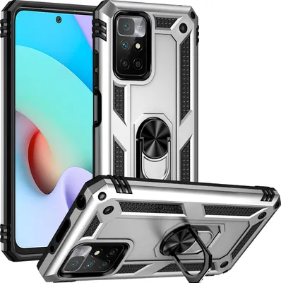 Produktbild von Redmi 10 Hülle, Dual Layer Militäre Fallschutz Schutzhülle mit Ringhalterung Ständer für Xiaomi Redmi 10 Silber