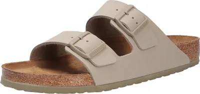 A pair of beige Birkenstock Arizona sandals on a white background.