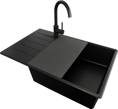 Produktbild von PRIMAGRAN Granitspüle Alles Schwarz 78x50cm, Spülbecken 1 Becken + Ablauf-Set + Küchenzubehörset, Küchenspüle ab 60er Unterschrank - Kopenhagen