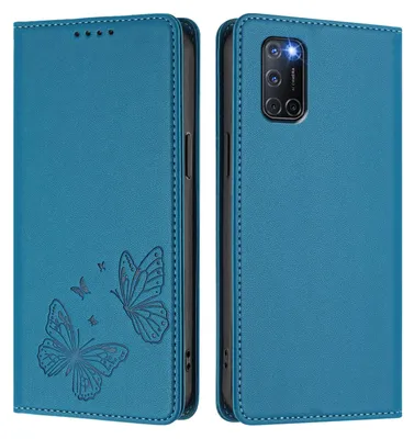 Image de Étui en cuir pour Oppo A52 / A92 / A72 4G, motif papillon en relief, étui à rabat avec porte-appareil, bleu