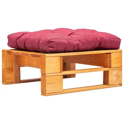 Image de Tabouret de jardin en palette avec coussin rouge en bois brun miel