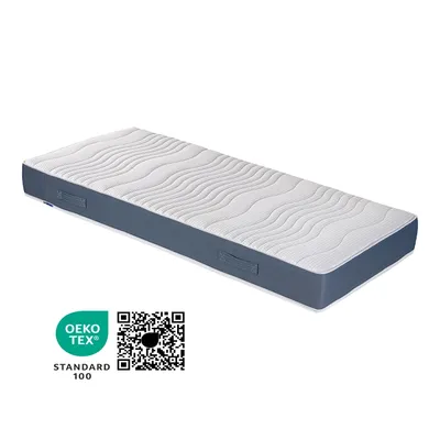 A mattress is shown on a white background with certification logos.