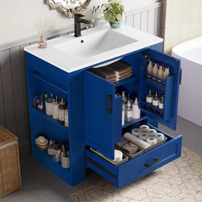 Produktbild von 76 x 46 x 78.5cm Bodenstehender Badezimmerschrank, Waschtisch,Volllackierung, Doppeltürregale, geräuschlose Schubladen, Regale auf beiden Seiten, integriertes Keramikwaschbecken, blau