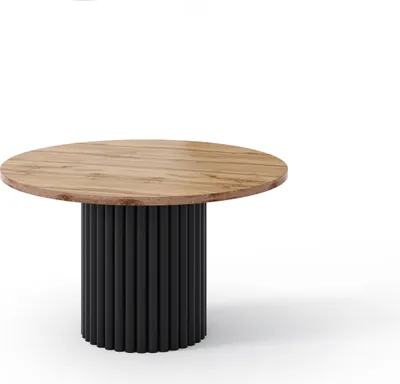Obrázok produktu pre Dizajnový stôl BETTSO VIRELO s čiernym kovovým rámom a doskou z duba Wotan, Ø67 cm, výška 42 cm
