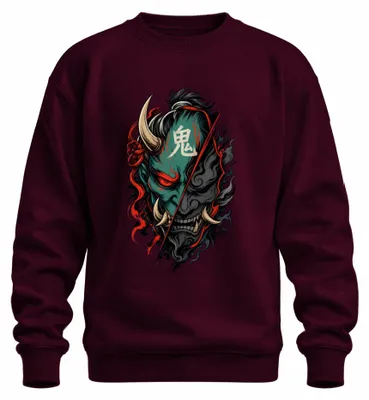 Zdjęcie produktu dla Japońska maska demona Oni, Hannya, motyw samuraja, styl Y2K, bluza z kapturem, kolor burgundowy, rozmiar XL